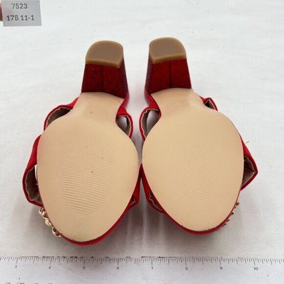 Red Crystal Flower for Bride Wedding Open Toe Chunky Heels Double Strap Sandals - Picture 6 of 6